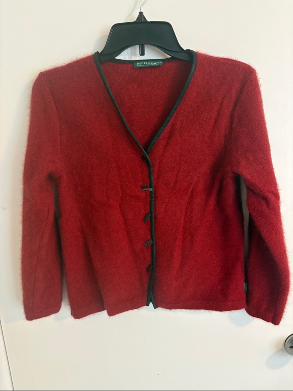 McDonald Possum Merino Wool Red Button-Front Women's Cardigan with Black Trim
